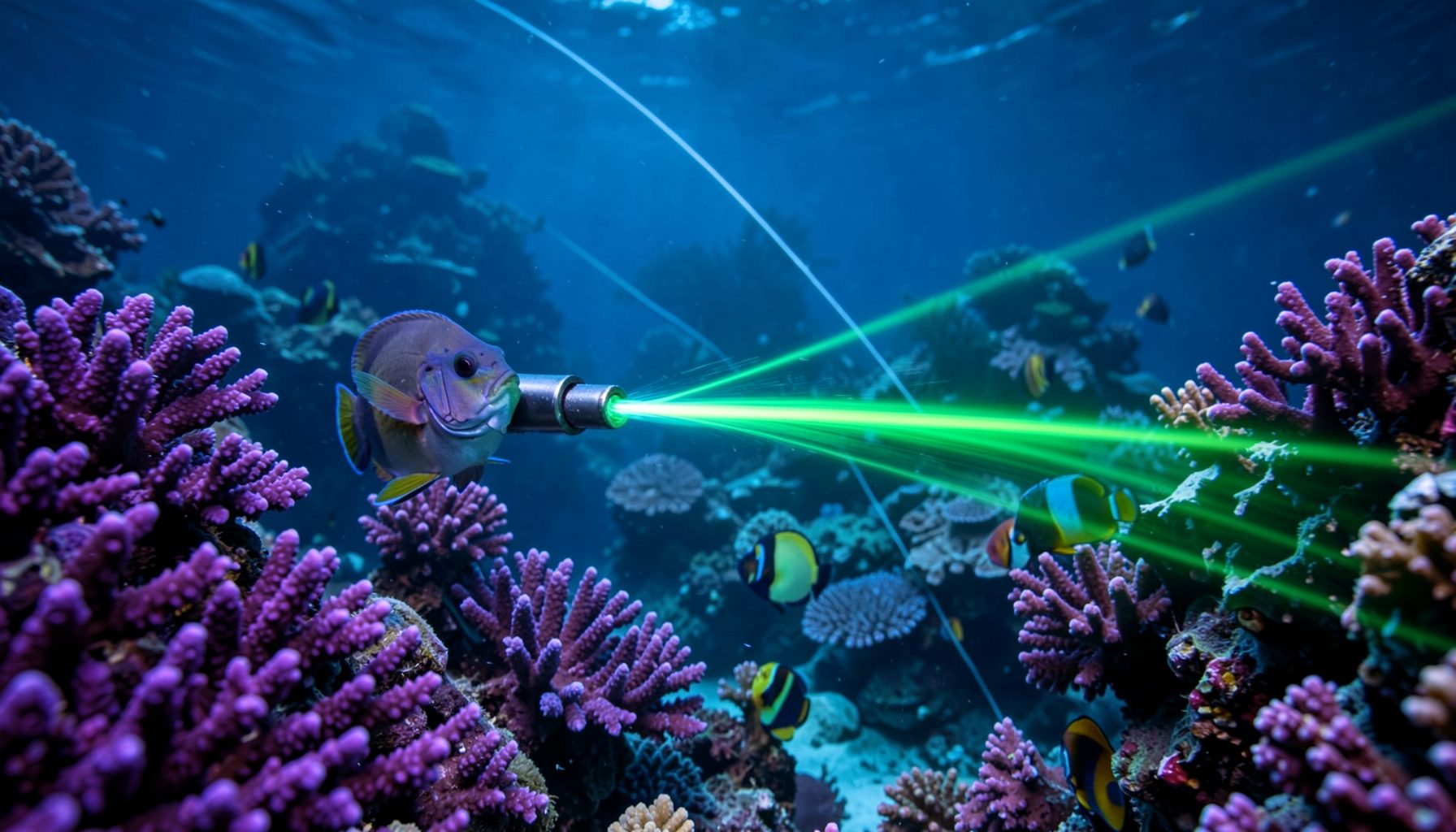 Khung cảnh dưới nước huyền ảo với san hô tím, cá nhiệt đới sặc sỡ và tia laser xanh lá bắn ra từ khẩu pháo