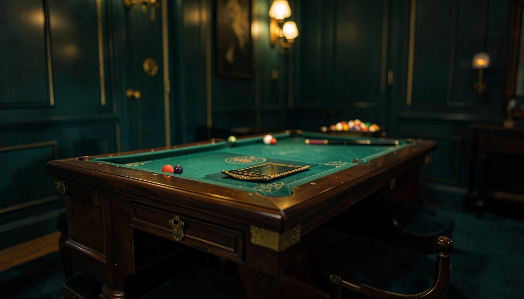 Bàn Baccarat sang trọng với nền xanh lá đậm, ánh đèn vàng ấm cúng