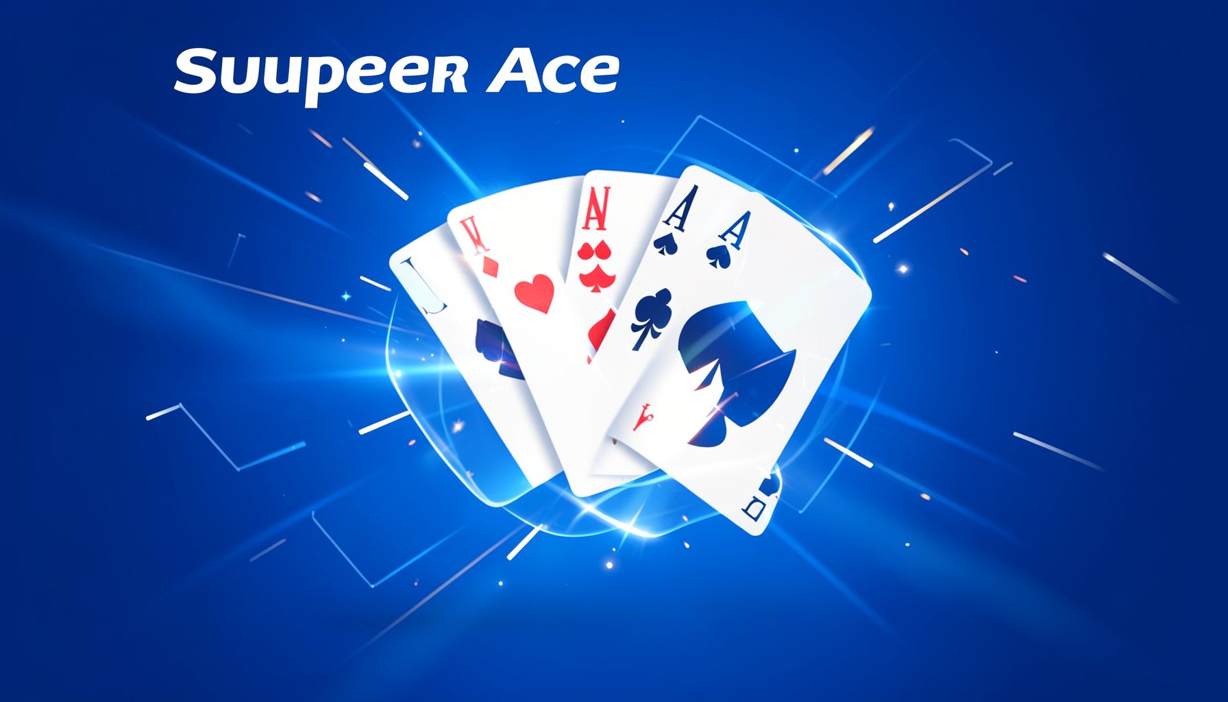 Giao diện game Super Ace với tông xanh dương và trắng, biểu tượng bài poker và hiệu ứng năng động