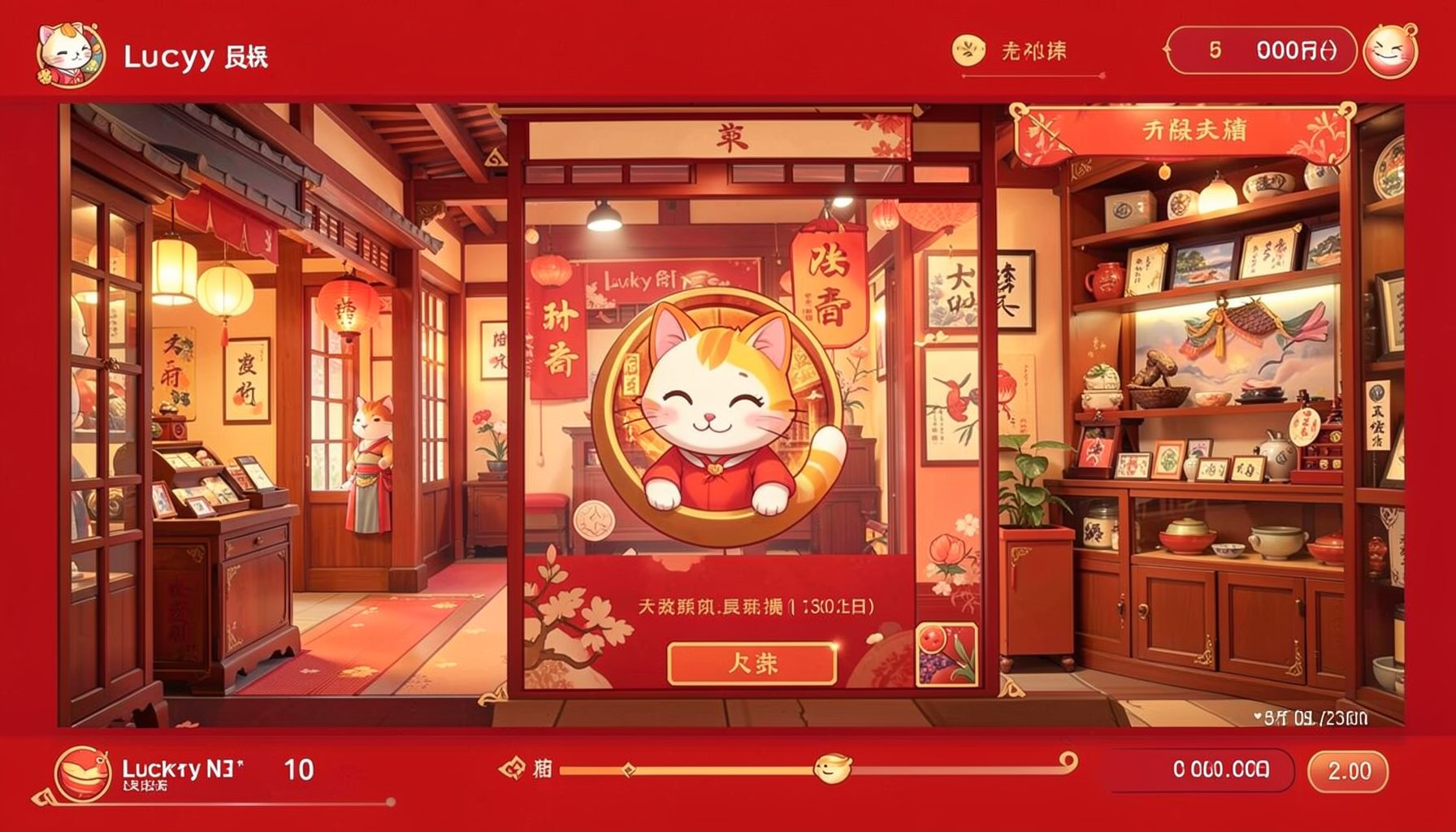 Giao diện game Lucky Neko với tông đỏ vàng, biểu tượng mèo may mắn Nhật Bản và cửa hàng truyền thống