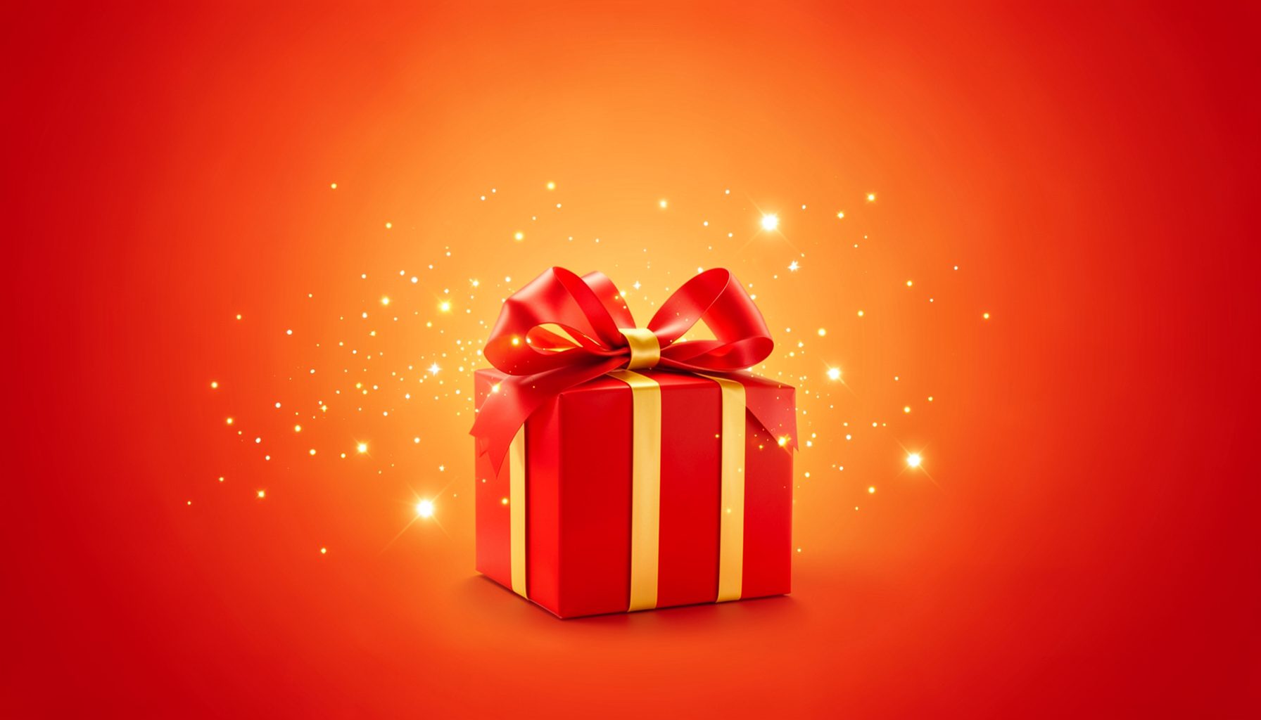 Nền gradient cam đỏ với biểu tượng quà tặng lấp lánh, không khí chào đón ấm áp