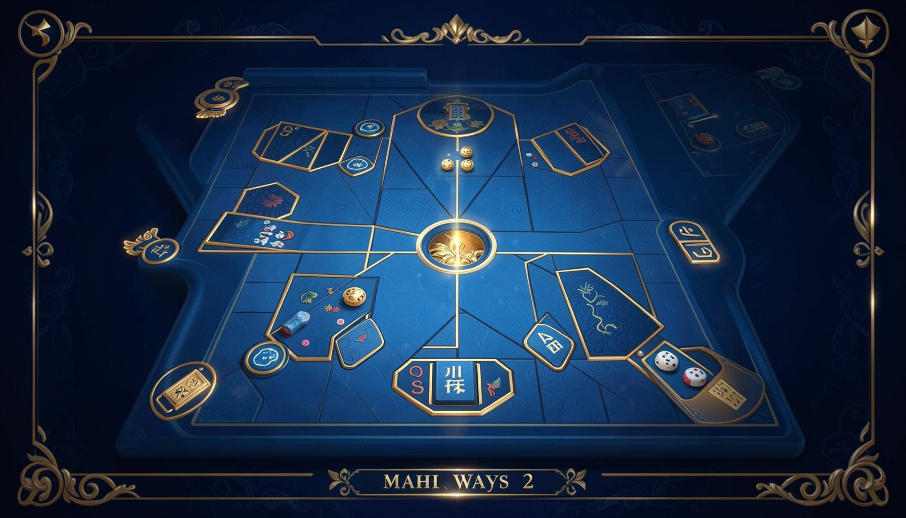 Giao diện game Mahjong Ways 2 với tông xanh đậm, biểu tượng mạt chược vàng và hiệu ứng sang trọng