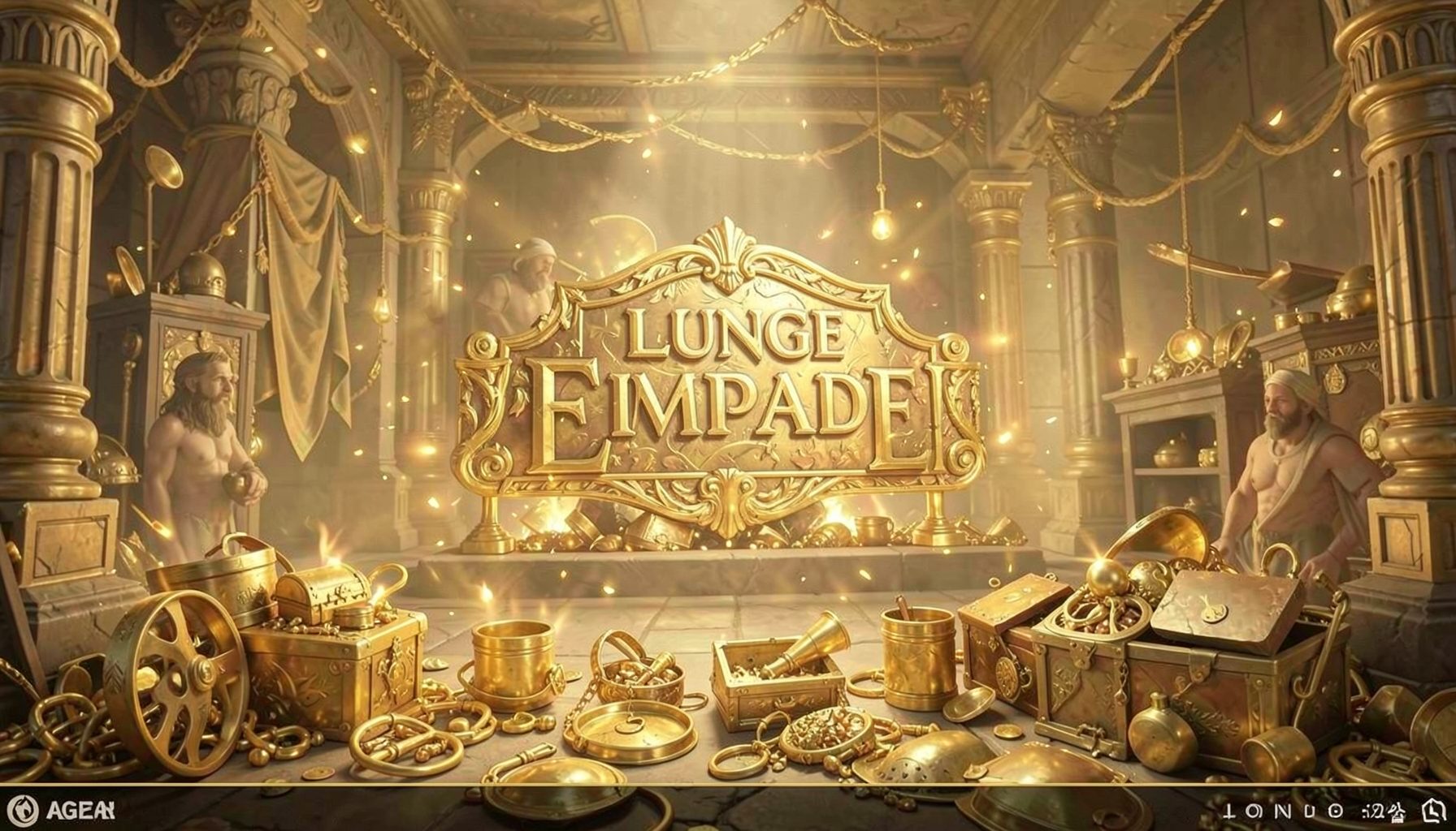 Giao diện game Golden Empire với tông vàng kim, biểu tượng đế chế cổ đại và kho báu lấp lánh
